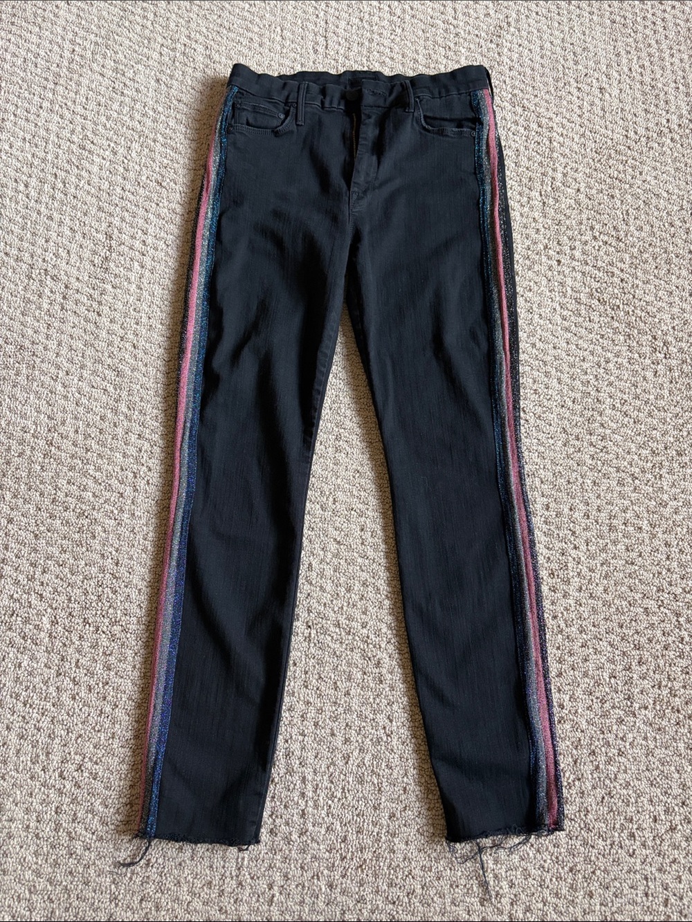 MOTHER High Waisted Black Skinny Jeans with Blue and Pink Glittery Side Stripes